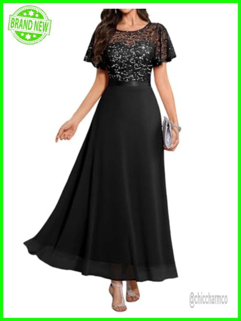 Sequin Formal Dress Short Sleeve Empire Waist Floor Length